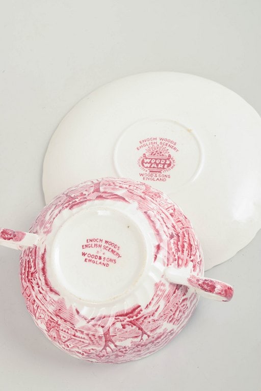 Mason's, Wood & Sons, England. Set of faience beer jug, bouillon cup with saucer and egg cup with - 4