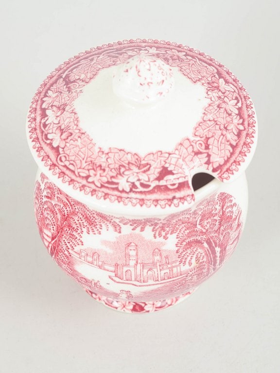 Mason's, England. Faience mustard pot with lid with architectural landscape motifs and ornamental - 2