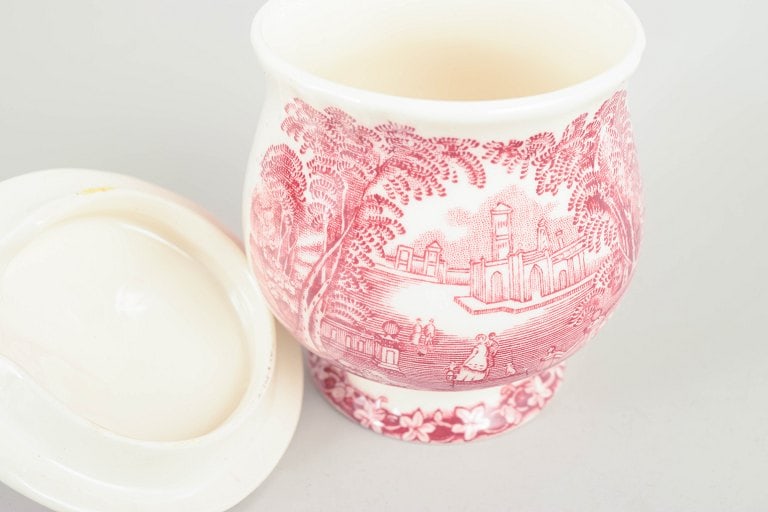Mason's, England. Faience mustard pot with lid with architectural landscape motifs and ornamental - 3