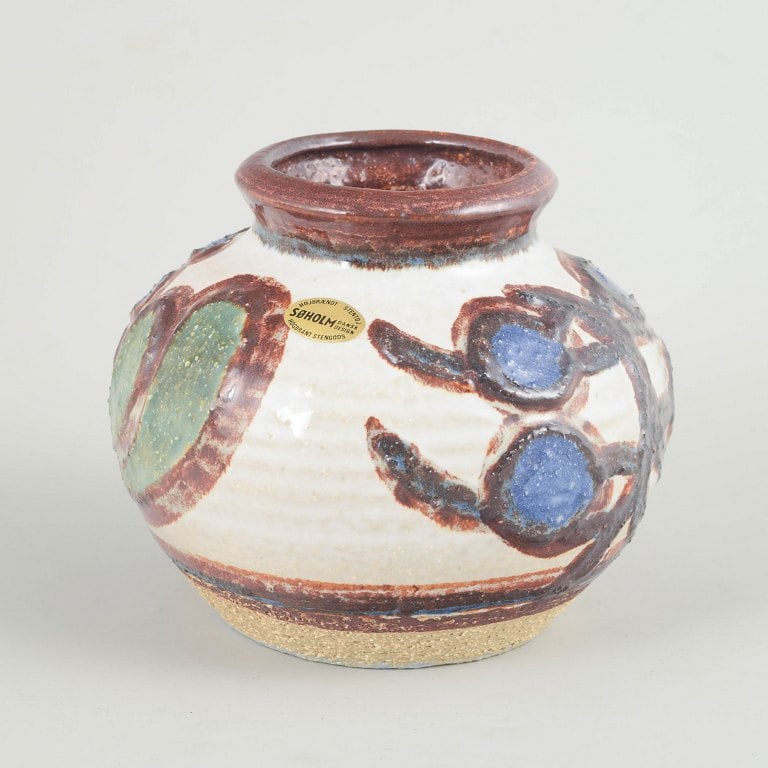 Soholm, Bornholm, Denmark. Stoneware vase with a light ground glaze with motifs in blue, green and (1 of 5)