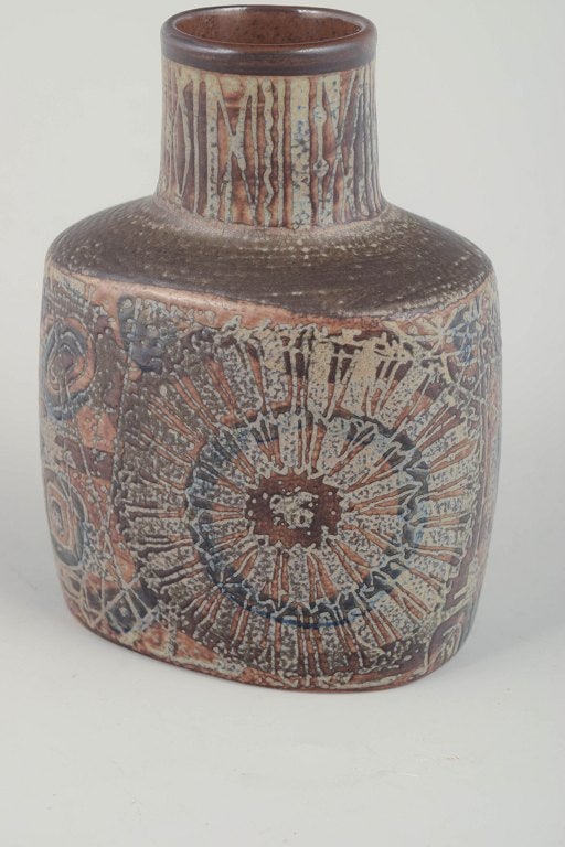 Nils Thorsson for Royal Copenhagen, Denmark. Rectangular stoneware vase in blue, beige and brown - 3