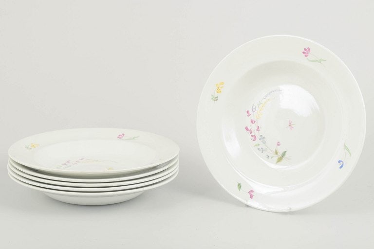Stig Lindberg for Gustavsberg, Sweden. Set of six faience soup plates with floral decoration. (1 of 4)