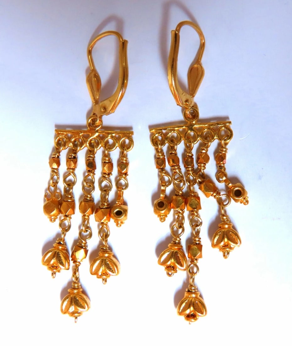 18kt Gold Dangle Earrings Handmade**: Title: 18kt Gold Dangle Earrings Handmade** Description: Hand Made Dangle Earrings Measurements: 1.75 X 1.4 Inch Comfortable Loop Clip 5.8 grams / 18kt. Yellow Gold Earrings are gorgeous made , MORE C