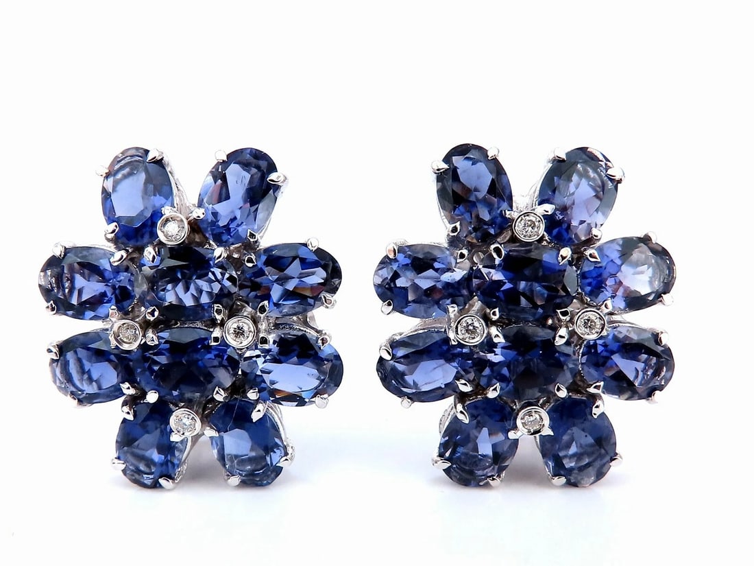 12ct natural oval purple iolite diamond clip earrings 18kt**: Title: 12ct natural oval purple iolite diamond clip earrings 18kt** Description: Natural Vivid Purple Iolite Earrings. 12ct natural Iolite. 4x6mm each .10ct natural round diamonds G color vs2 clarity 