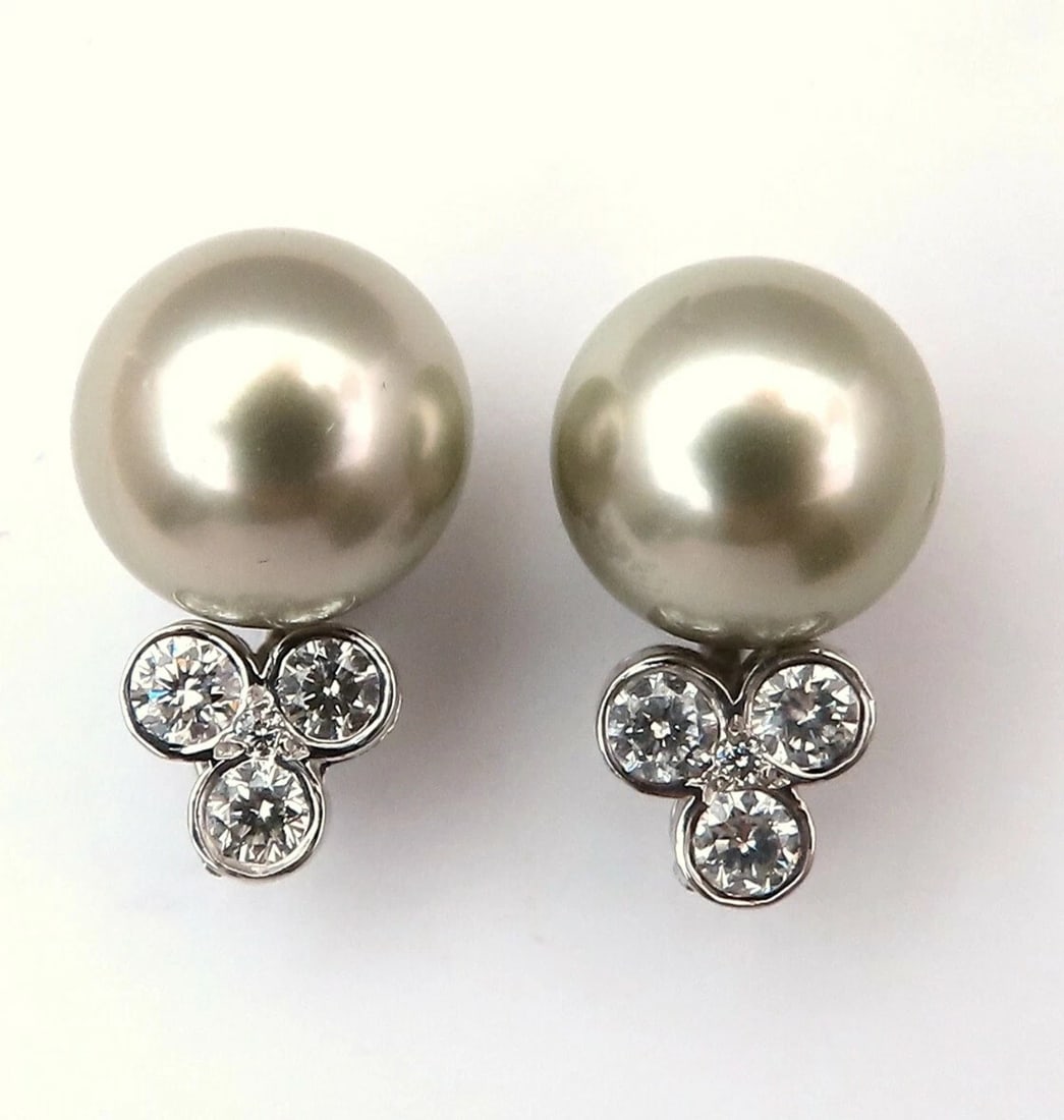 10.2mm pistachio Tahitian Pearls .60ct Diamonds Stud Earrings 14kt Gold** - 4