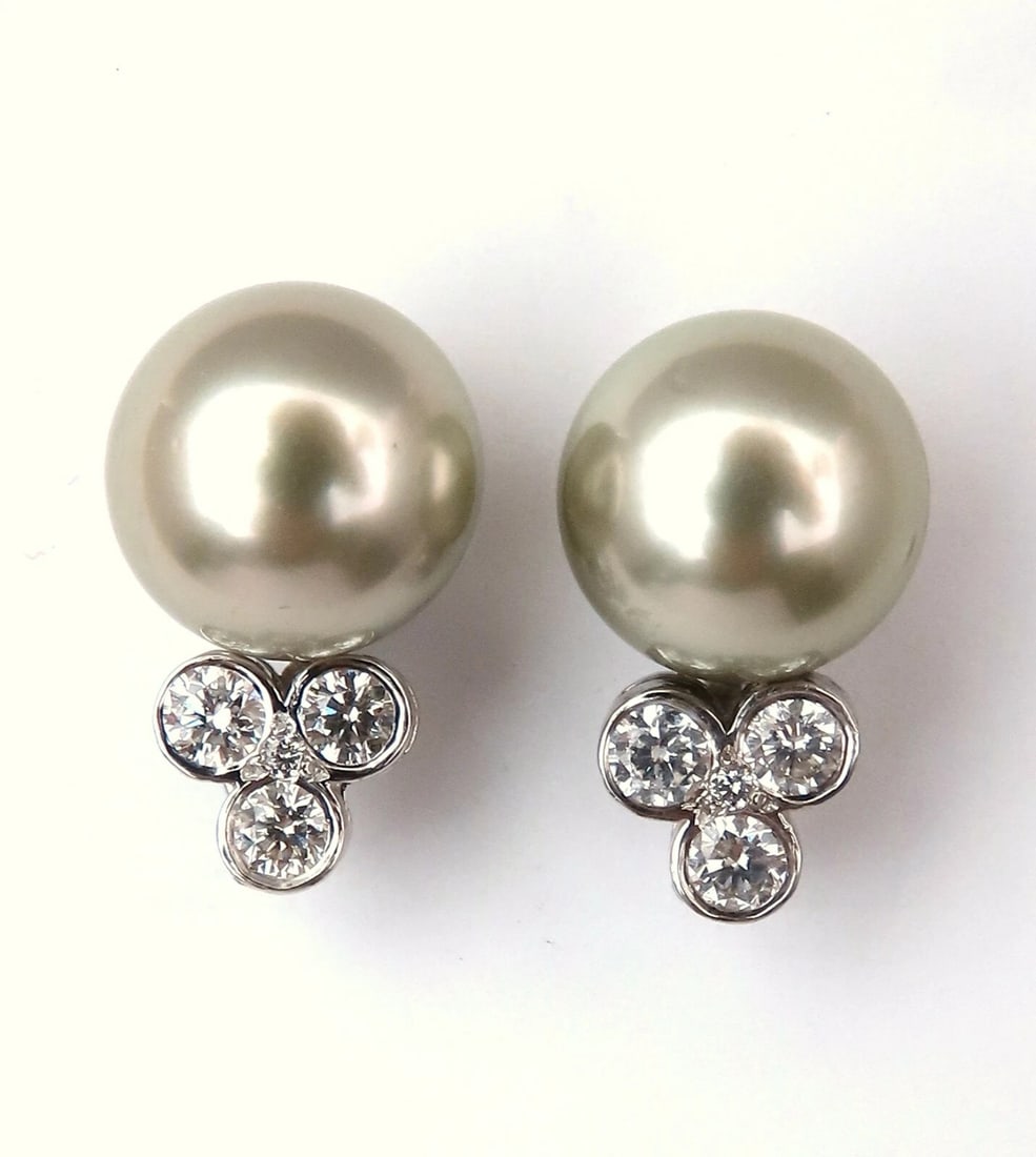 10.2mm pistachio Tahitian Pearls .60ct Diamonds Stud Earrings 14kt Gold** - 5
