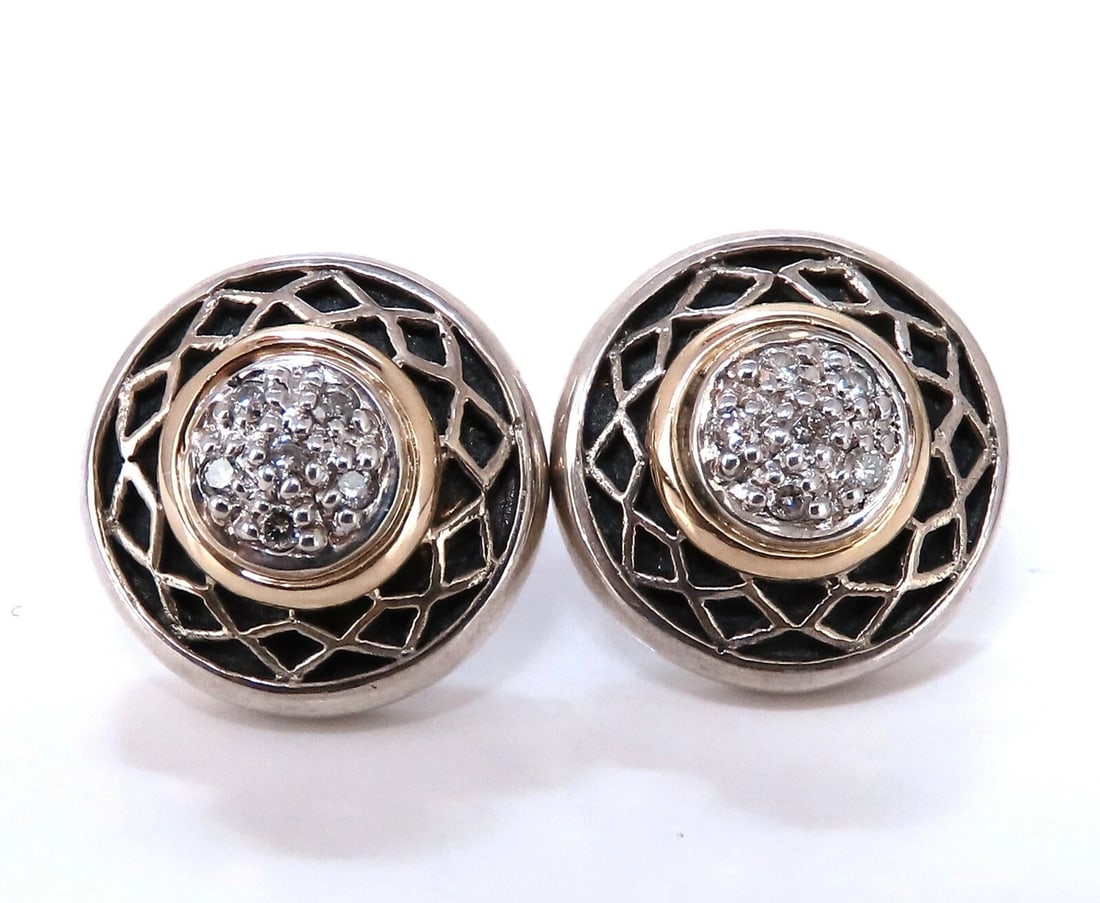 Designer Bordeaux.10ct natural diamond earrings cross hatch deco silver & 14kt** - 4