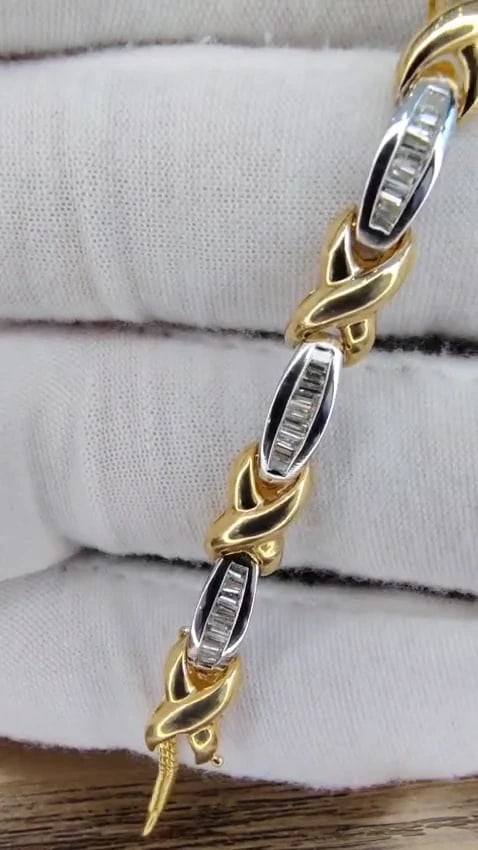 1.60ct natural baguette diamonds x bracelet 14 karat two-tone & safe chain *v - 3