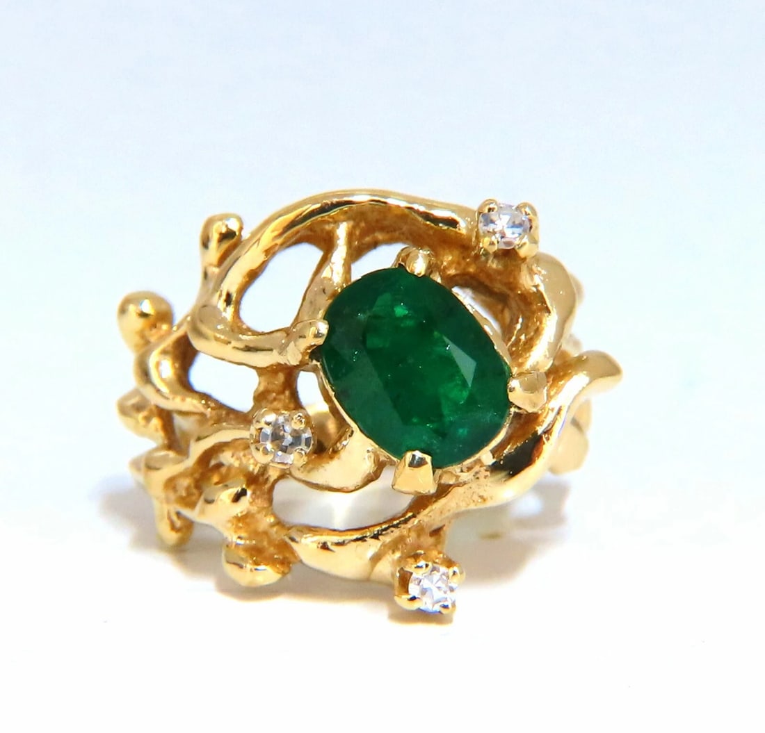 1.42ct Natural Vivid Green Emerald Diamonds Nugget Vine Ring 14kt *v - 5