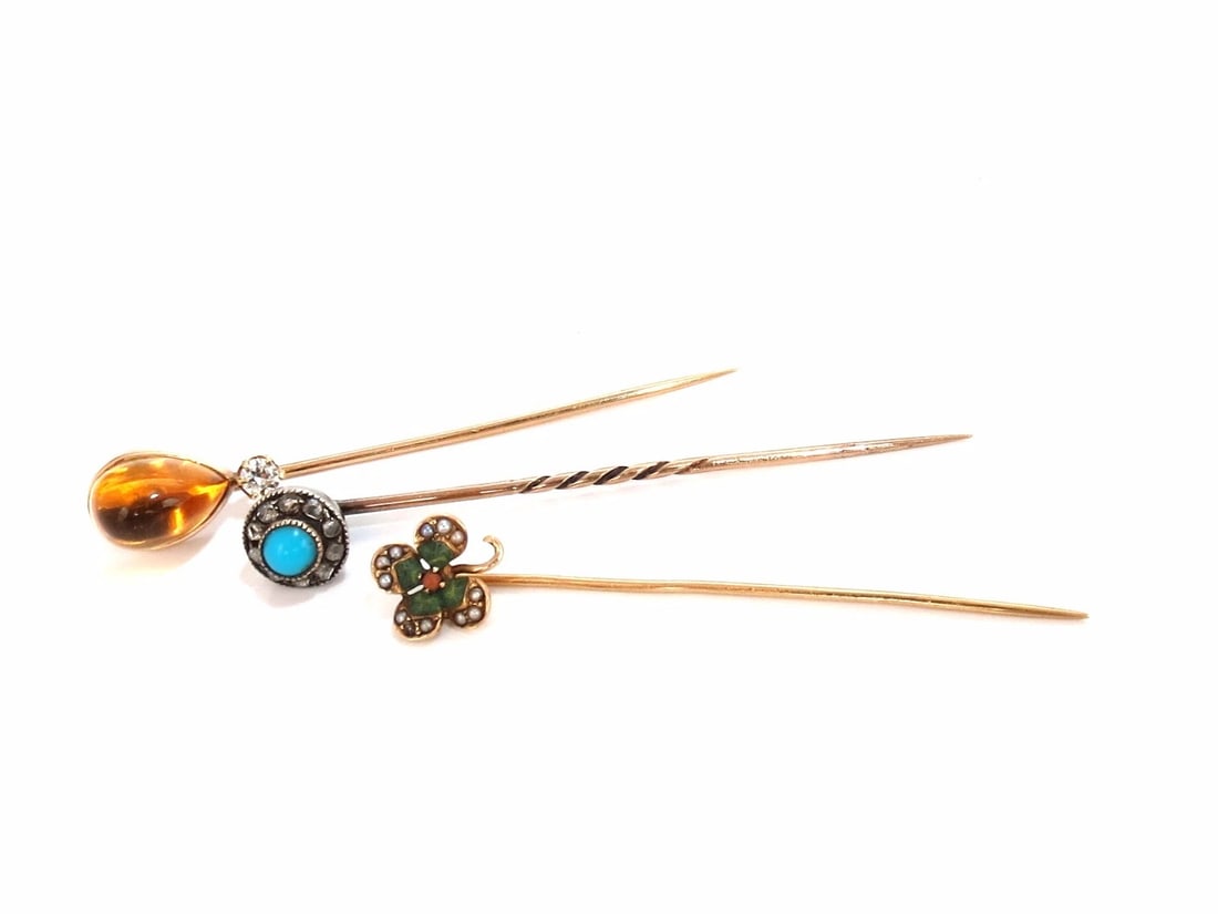 LOT OF (3) ANTIQUE HAT PINS COLLECTOR CLASSIC IRISH CLOVER CITRINE TURQUOISE** (1 of 6)