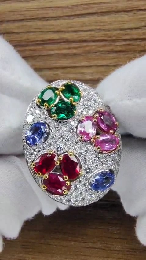 7.26CT NATURAL SAPPHIRE EMERALD RUBY DIAMONDS SECTIONAL COCKTAIL RING 18KT*v - 3
