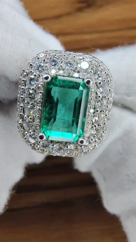 2.70ct Natural Emerald 2.10ct Diamonds Cluster Halo Ring 14kt Fine Select*v - 3