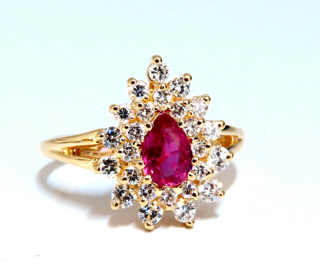 1.02ct Natural Ruby Diamonds Ring Pear Cluster 14kt gold *v: Title: 1.02ct Natural Ruby Diamonds Ring Pear Cluster 14kt gold *v Description: MAGNIFICENT JEWELS .60ct. Natural Ruby Cocktail Halo ring Pear cut Fully faceted Clean clarity 5.3 x 3.4mm Vivid Red / V