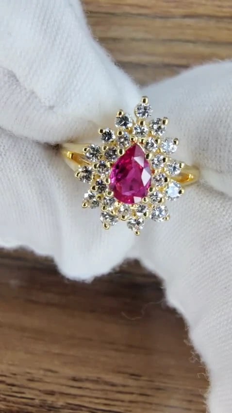 1.02ct Natural Ruby Diamonds Ring Pear Cluster 14kt gold *v - 3
