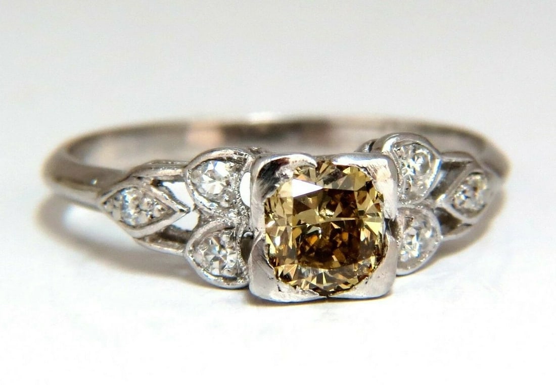 .60ct Natural Yellow Green Brown Diamond Vintage Gilt Ring Platinum *v: Title: .60ct Natural Yellow Green Brown Diamond Vintage Gilt Ring Platinum *v Description: MAGNIFICENT JEWELS Vintage Gilt .50ct. Natural Fancy Yellow Green Brown Cushion brilliant diamond ring. Vs-2 