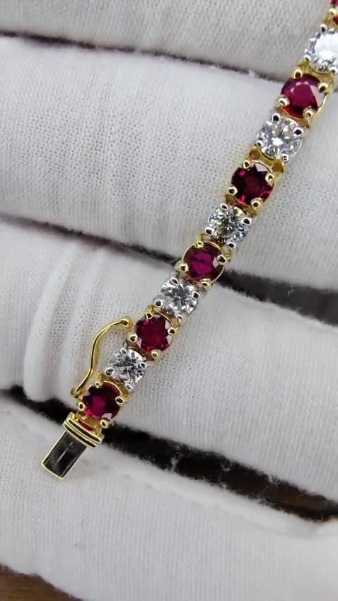 11.83ct Vivid Red Natural Ruby Diamonds Tennis Bracelet 14kt Gold Two Toned *v - 3