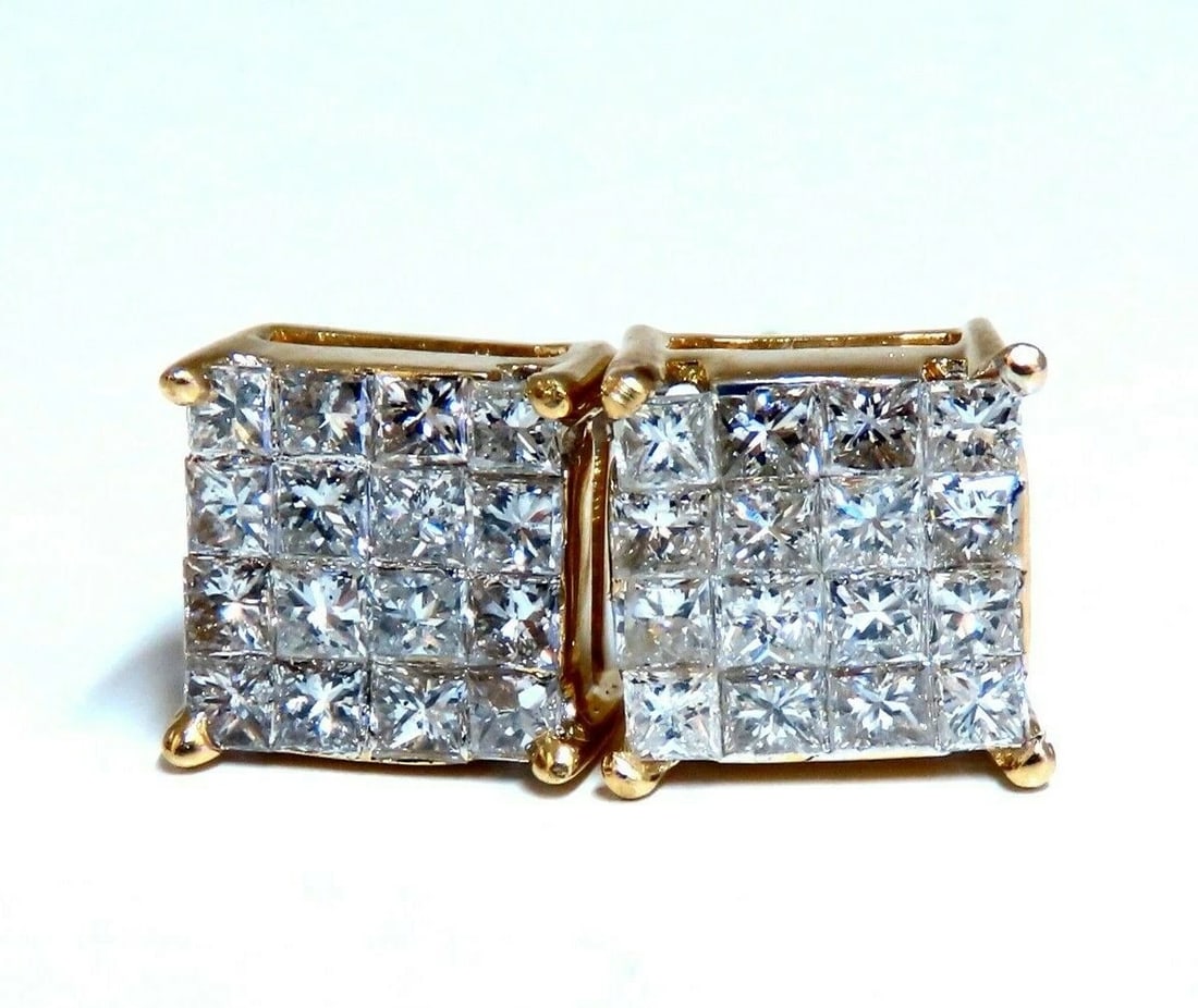 1.06ct Natural Diamonds Cluster Channel Princess Clip Earrings 14 Karat**: Title: 1.06ct Natural Diamonds Cluster Channel Princess Clip Earrings 14 Karat** Description: Magnificent Jewels Diamond Square Cluster earrings. 1.06ct. Natural diamonds Princess cut diamonds. I colo