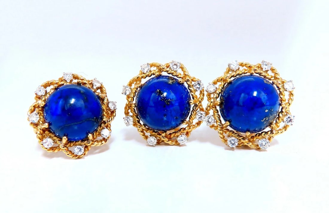 GIA Certified Natural Lapis Diamond Clip Earrings & Ring 18kt** - 4