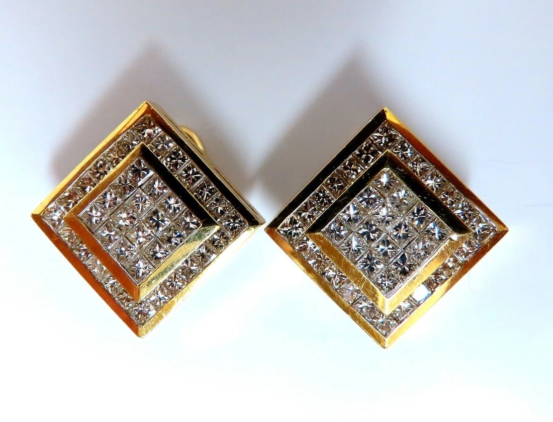 4.04ct Natural Diamonds Cluster Channel Princess Clip Earrings 18 Karat** - 4
