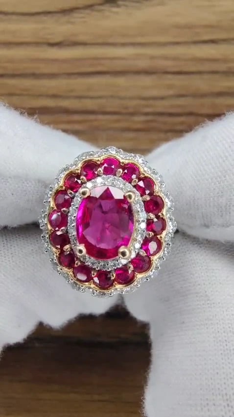 GIA Certified 4.06ct oval cut red No Heat Ruby diamonds Ballerina ring 14kt*V - 3