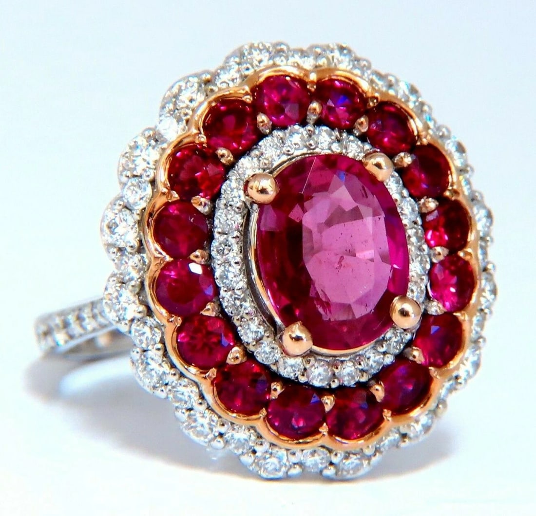 GIA Certified 4.06ct oval cut red No Heat Ruby diamonds Ballerina ring 14kt*V - 4