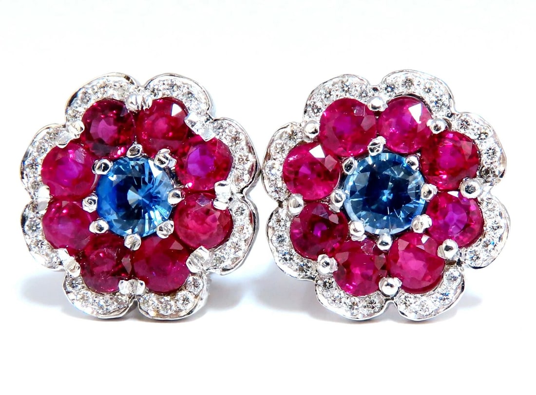 7.30Ct Natural Ruby Sapphire Diamond Cluster Earrings 14 Karat Clip Cocktail** - 4