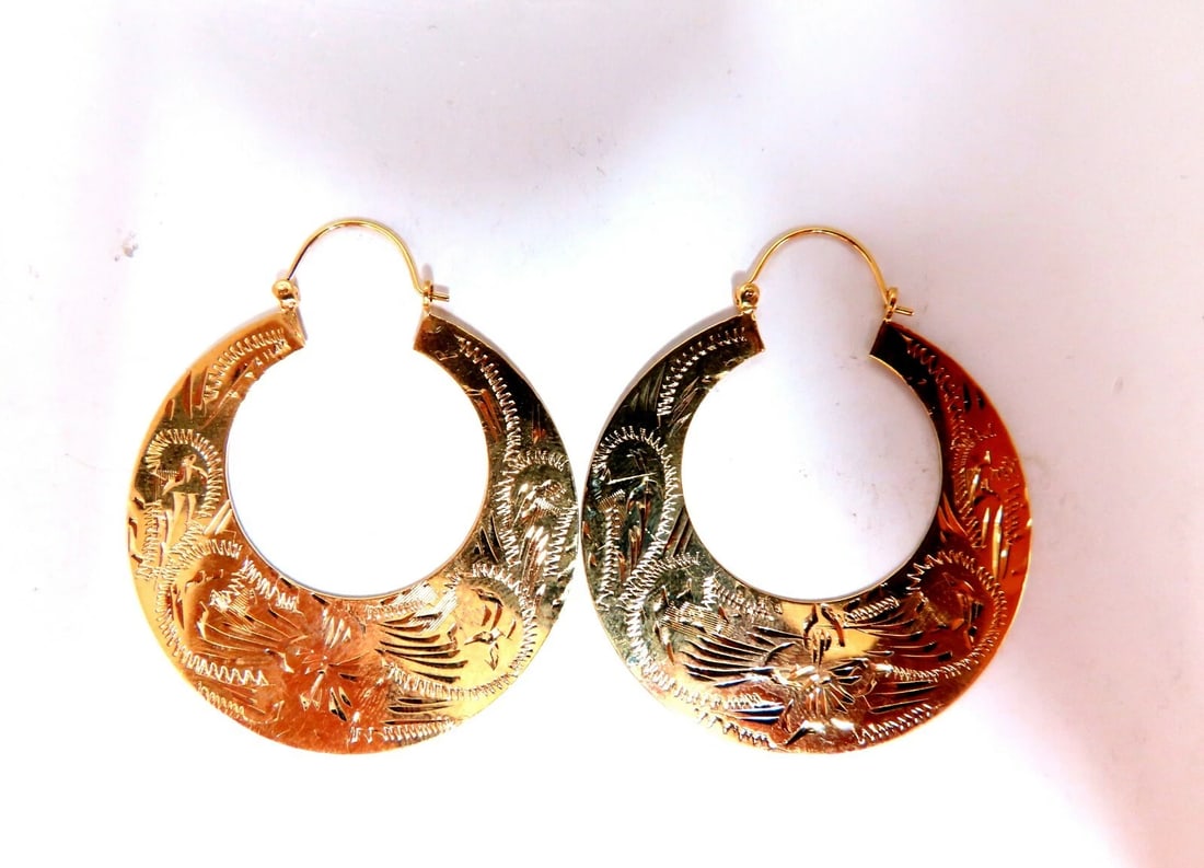 Tibetan Crescent Carved Gold Earrings 14kt 1.6 inch** - 4