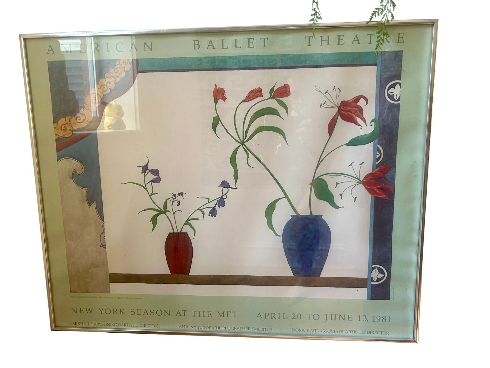 American Ballet Theatre "New York Season at The Met" 1981 Poster, Framed: This vibrant poster for the American Ballet Theatre's "New York Season at The Met" from April 20 to June 13, 1981, features an elegant illustration of two vases with theatrical floral arrangements.