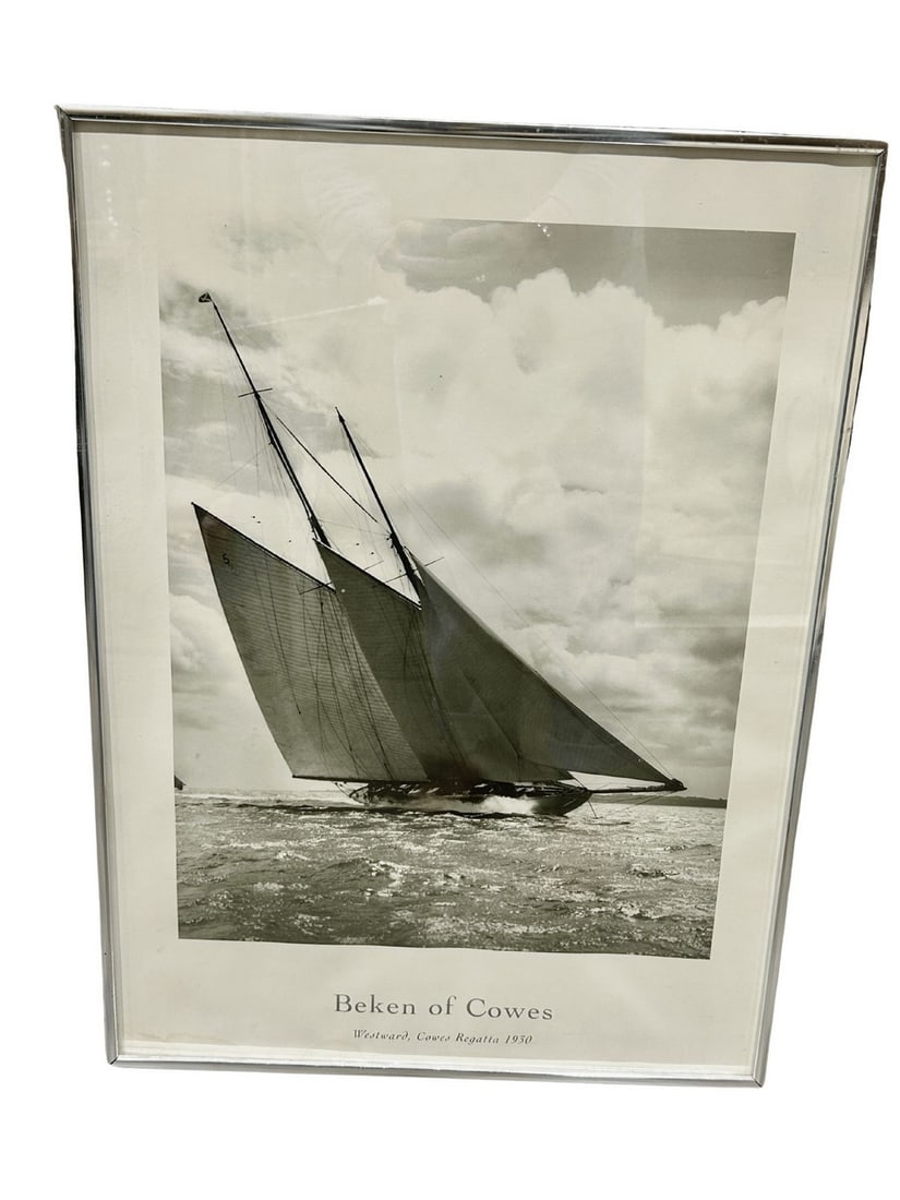 Beken of Cowes "Westward, Cowes Regatta 1930" Framed Photographic Print: A classic black and white photographic print by Beken of Cowes, titled "Westward, Cowes Regatta 1930." The image captures the majestic sailboat "Westward" under full sail during the Cowes Regatta in