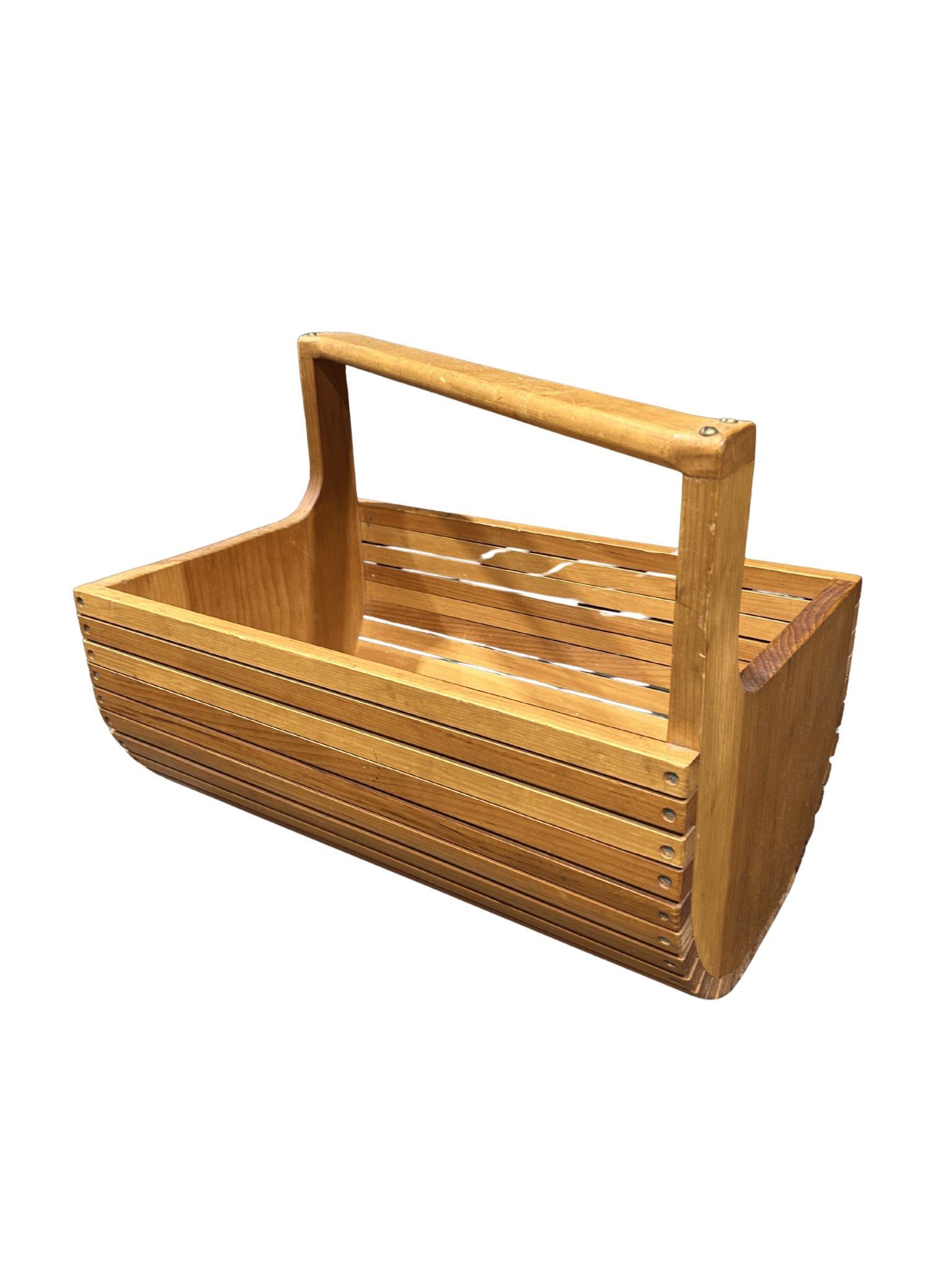 Mid-Century Modern Teak Slat Magazine Basket: A stylish Mid-Century Modern magazine basket crafted from teak wood slats. The basket features a slatted construction with a rich, warm teak finish, characteristic of Danish modern design. It has a