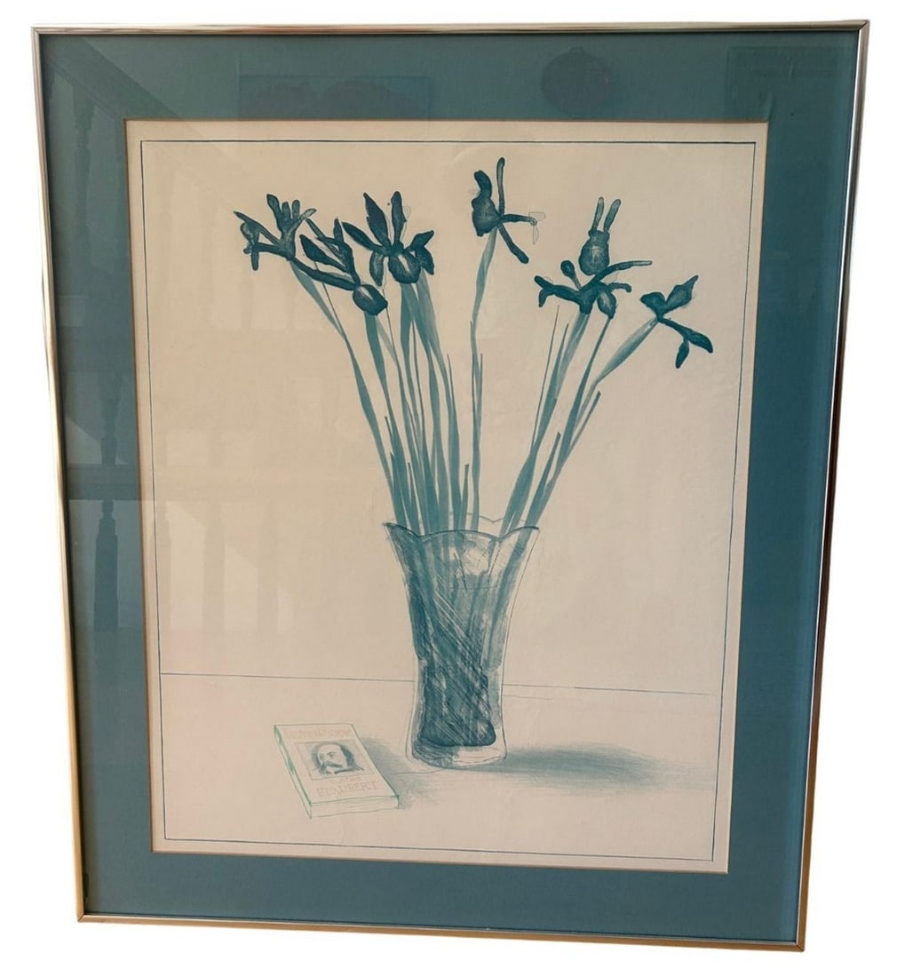 David Hockney (British, b. 1937) Still Life with Book, Photo Offset Reproduction: This striking offset reproduction by David Hockney, created in 1973, features a vibrant still life with stylized flowers in a vase alongside a copy of Gustave Flaubert's "Bouvard &