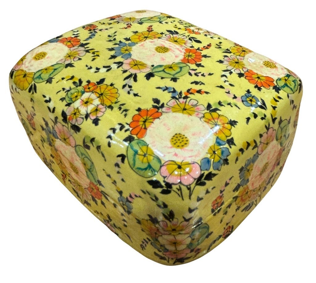 Hand-Painted Kashmiri Papier-Mache Box: A vibrantly hand-painted papier-mache box from Kashmir, India. The box features a delightful floral motif in white, pink, orange, blue, and yellow against a sunny yellow background. The interior and