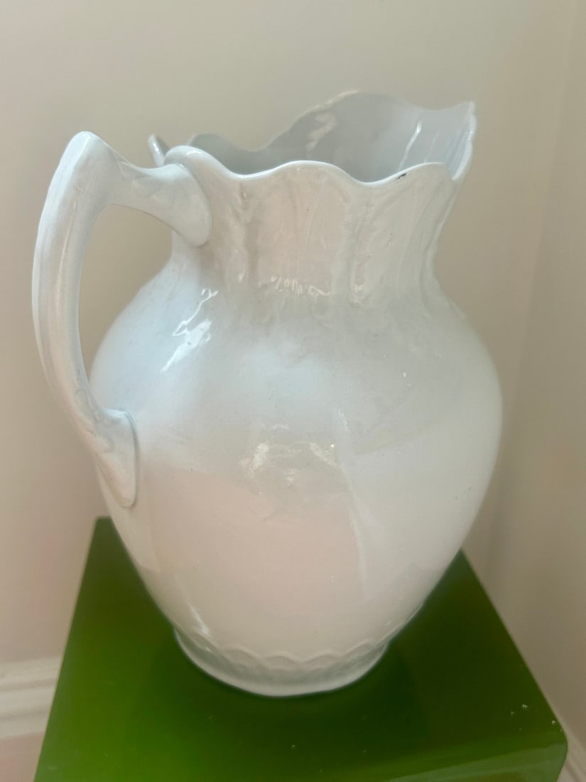 Early 20th Century Bone White Ceramic Pitcher with Scalloped Rim, Marked "Virginia" - 2
