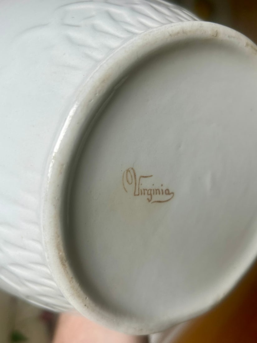 Early 20th Century Bone White Ceramic Pitcher with Scalloped Rim, Marked "Virginia" - 4