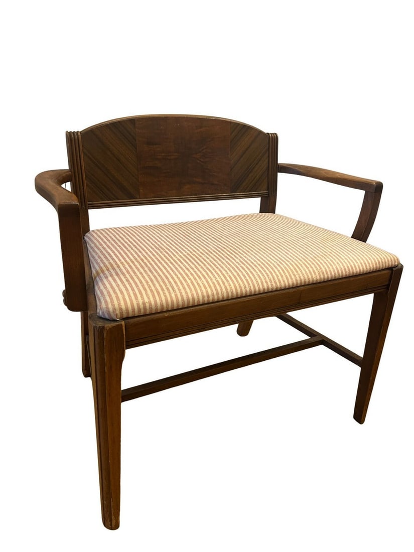 Mid-Century Modern Upholstered Side Chair Settee: A stylish Mid-Century Modern chair crafted from rich wood with a distinctive geometric inlay on the backrest. The chair features a horizontally striped upholstered seat cushion in a beige and
