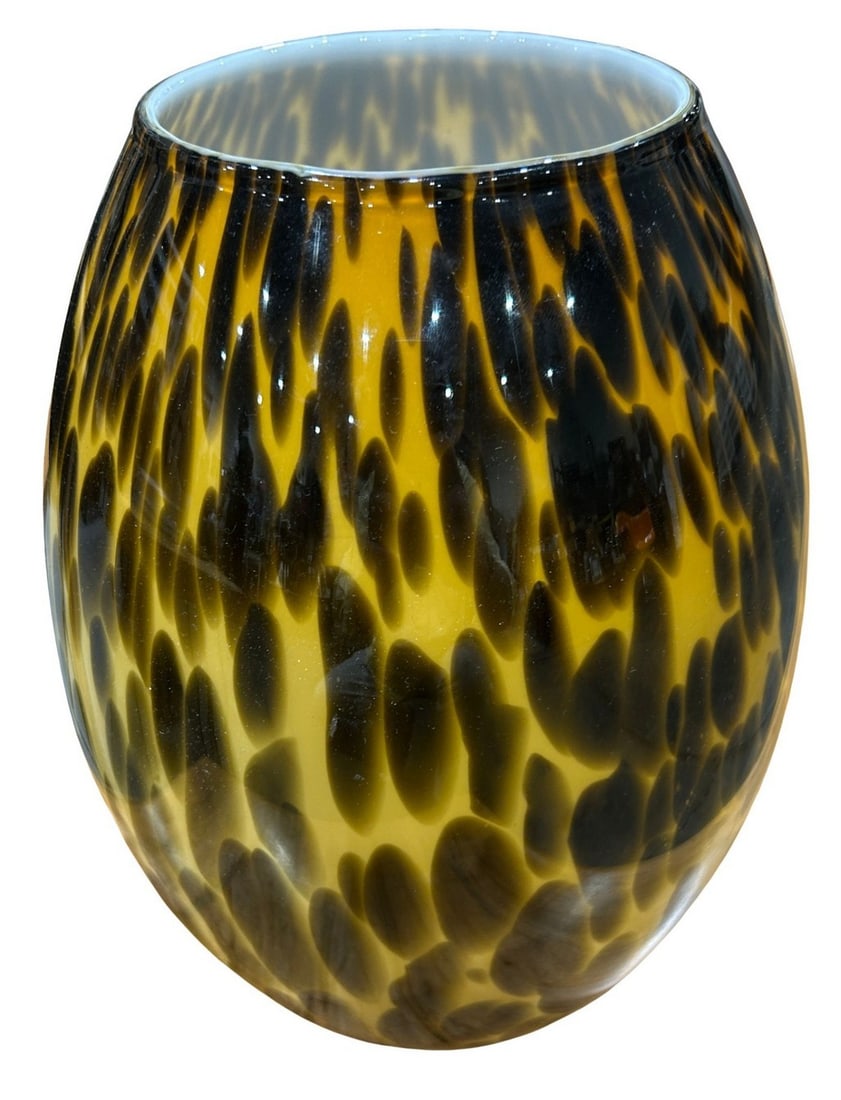Contemporary Tortoiseshell Oversized Art Glass Vase: A striking contemporary art glass vase featuring a blown glass construction with a distinctive tortoiseshell pattern in varying shades of amber and dark brown. The vase has an organic, ovoid form