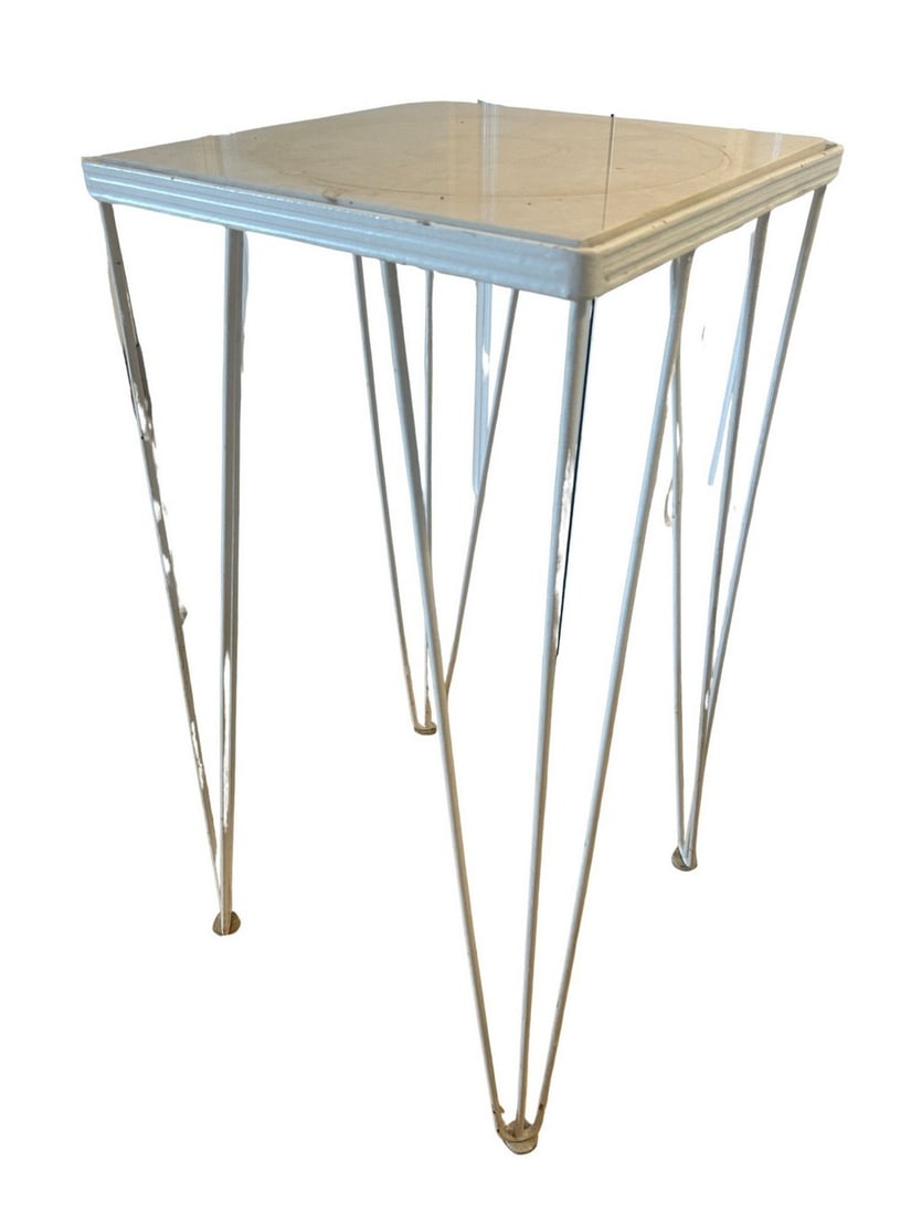 Mid-Century Modern Plant Stand with Hairpin Legs: A vintage Mid-Century Modern plant stand, likely dating from the 1950s or 1960s, featuring a square off-white ceramic tile top with a metal frame and iconic hairpin legs in a matching off-white