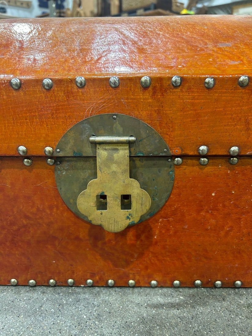Vintage Asian-Style Faux Leather and Brass Trunk - 10