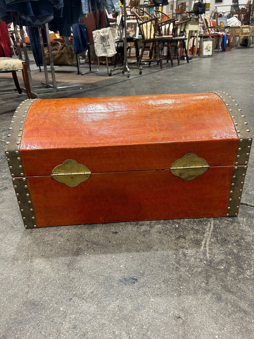 Vintage Asian-Style Faux Leather and Brass Trunk - 2