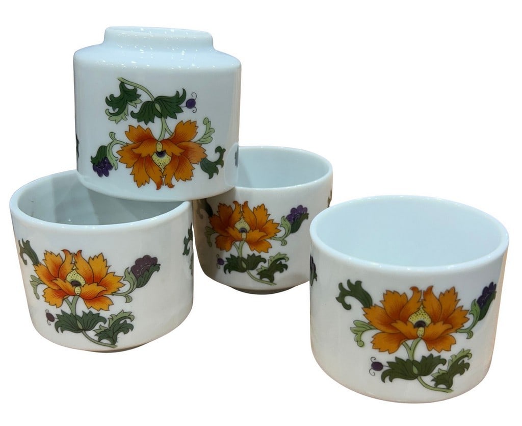 Set of Four Solphin Fine China Olympus Floral Motif Tea Cups: A set of four elegant Solphin Fine China tea cups from the Olympus series, originating from Japan. Each cup features a vibrant orange and green floral motif, adding a touch of traditional Asian