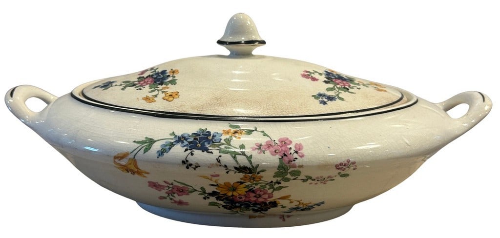 Vintage Hopewell China Floral Tureen with Lid: This charming vintage Hopewell China tureen features an elegant oval form with dual handles and a fitted lid, adorned with vibrant floral sprays in shades of blue, pink, yellow, and green. The rim