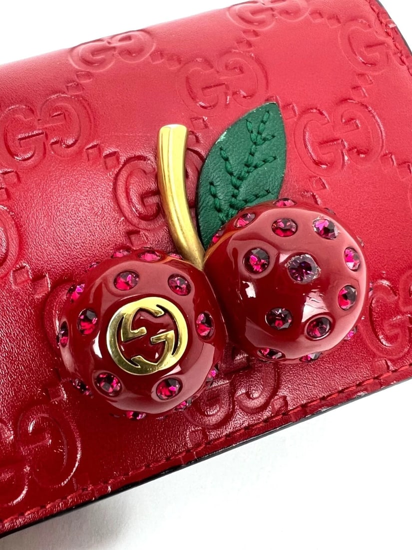 Gucci Guccissima Bifold Cherries Compact Red Leather Wallet - 3