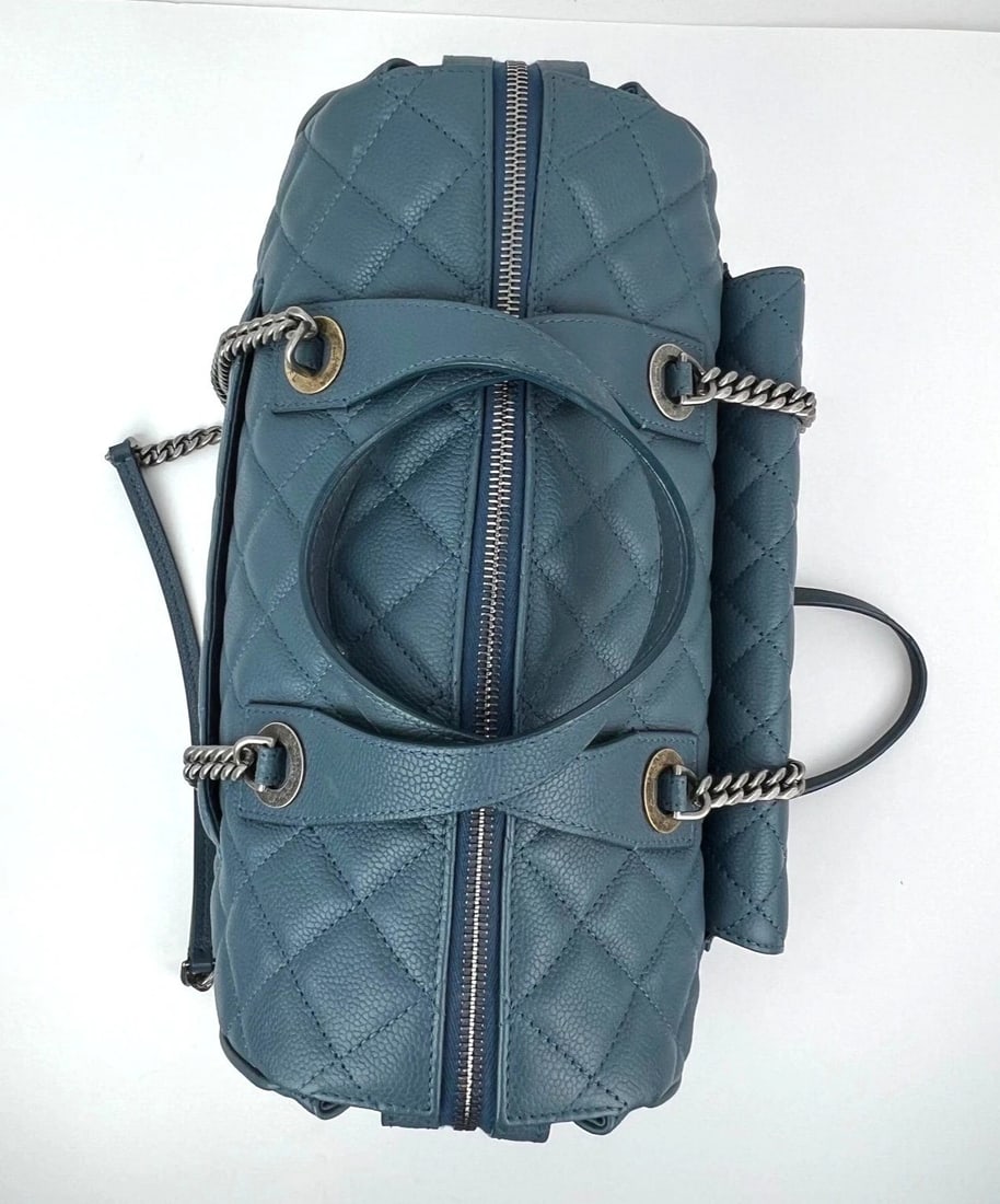 Chanel Quilted Caviar Large Blue Bowling Bag Ruthenium - 10
