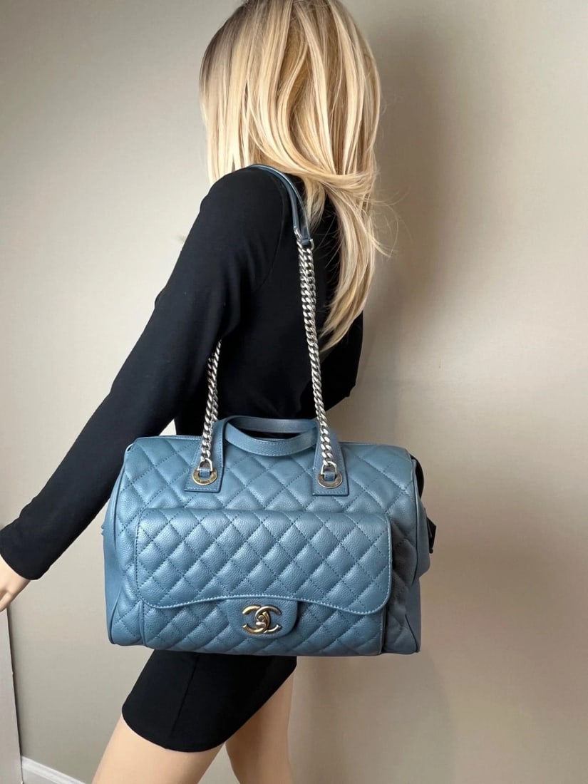 Chanel Quilted Caviar Large Blue Bowling Bag Ruthenium - 13