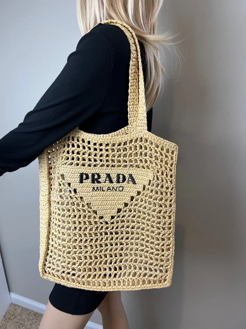 Prada Raffia Crochet Large Tote Bag Natural - 9