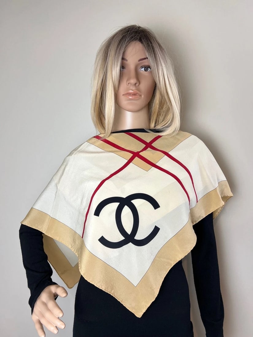 Chanel Beige Black Red Silk Logo Modern Design Scarf - 10