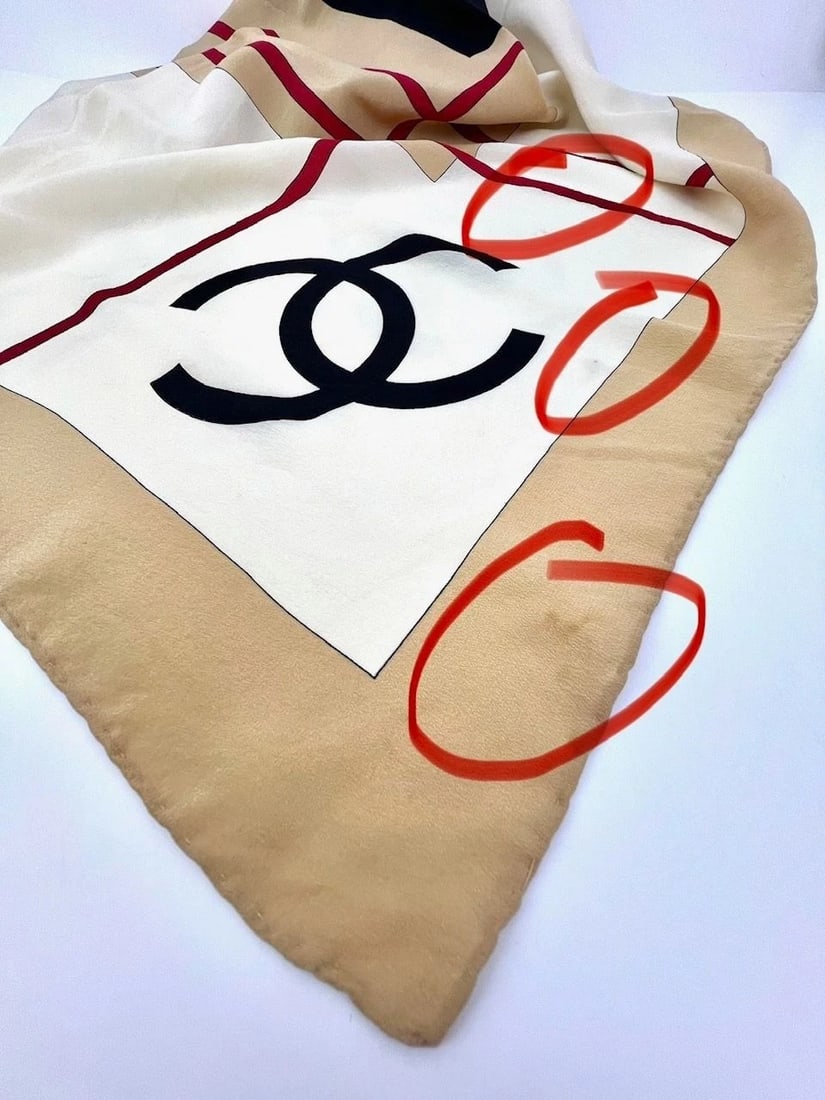 Chanel Beige Black Red Silk Logo Modern Design Scarf - 6