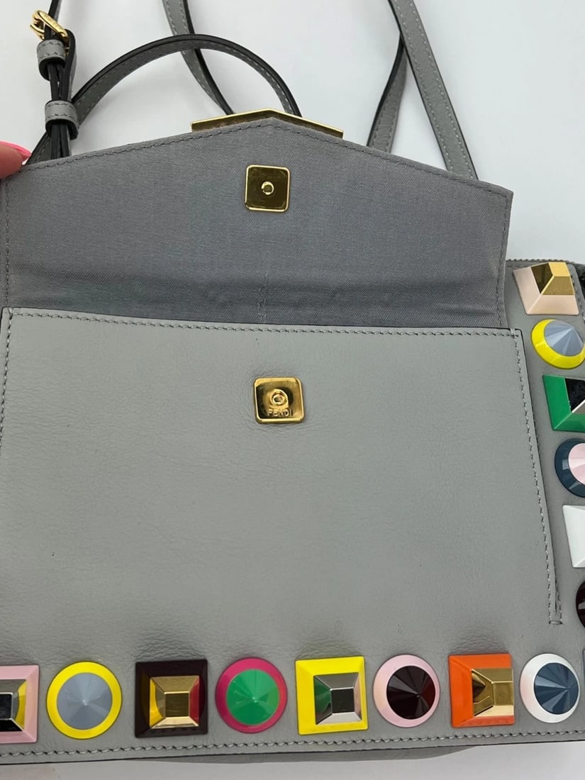 Fendi Rainbow Studs Gray Leather Crossbody Bag - 10