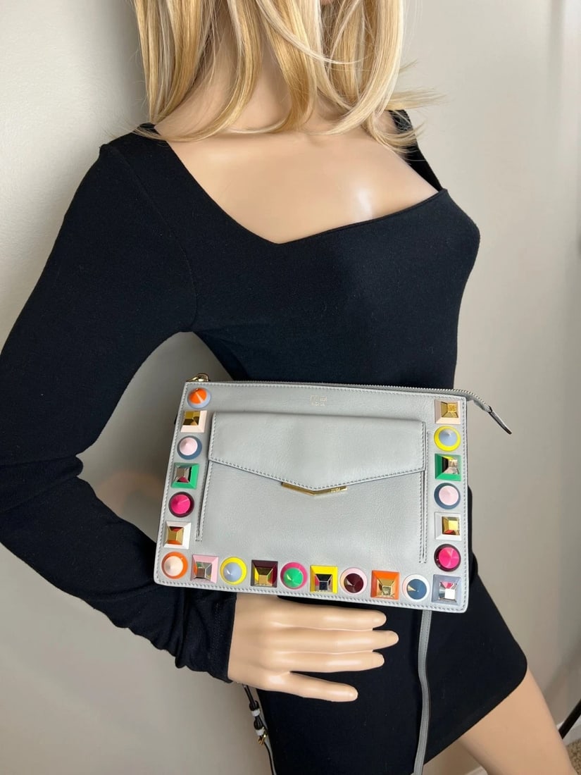 Fendi Rainbow Studs Gray Leather Crossbody Bag - 13