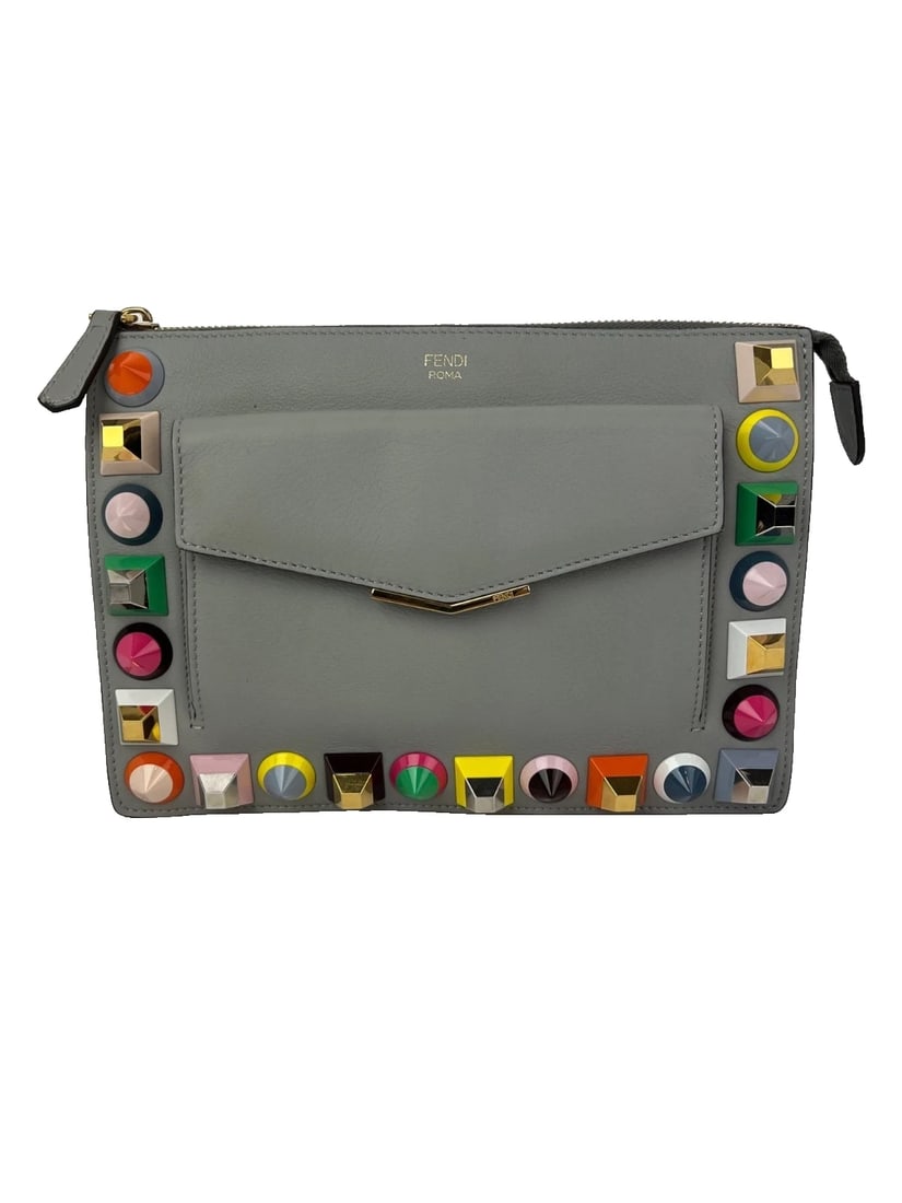 Fendi Rainbow Studs Gray Leather Crossbody Bag: Title: Fendi Rainbow Studs Gray Leather Crossbody Bag Description: Pre-Owned 100% Authentic Fendi Rainbow Studs Gray Leather Crossbody Bag RATING: B+...Very Good, well maintained, shows minor signs of